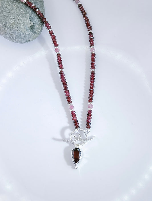 Garnet locket necklace, beaded garnet gemstone chocker necklace, fancy statement layering necklace with sterling toggle clasp.