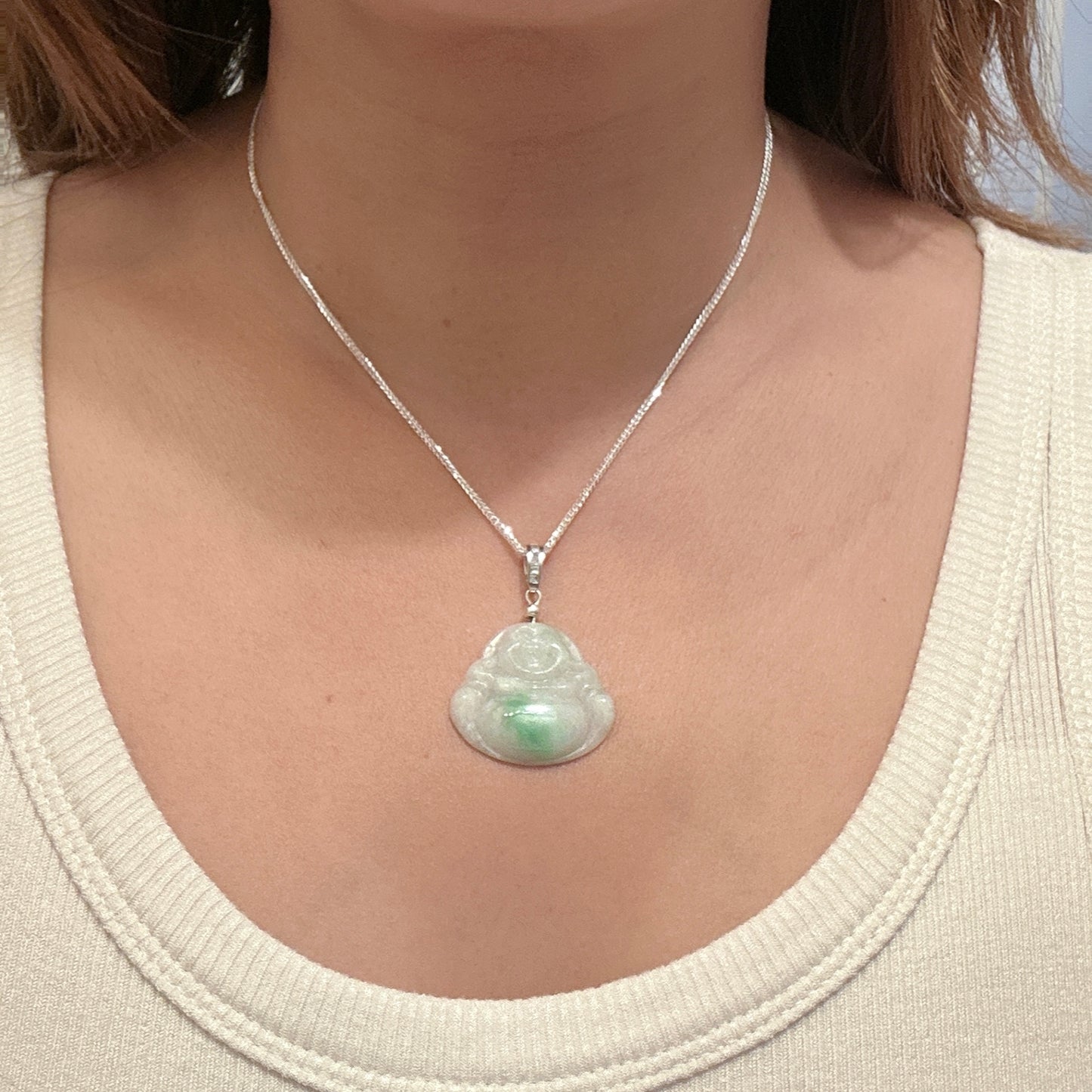 Myanmar Jadeite Jade Buddha Pendant necklace, 26x30MM floating Green Buddha craving, Natural Type A Jade, Burmese Gemstones Jewelry