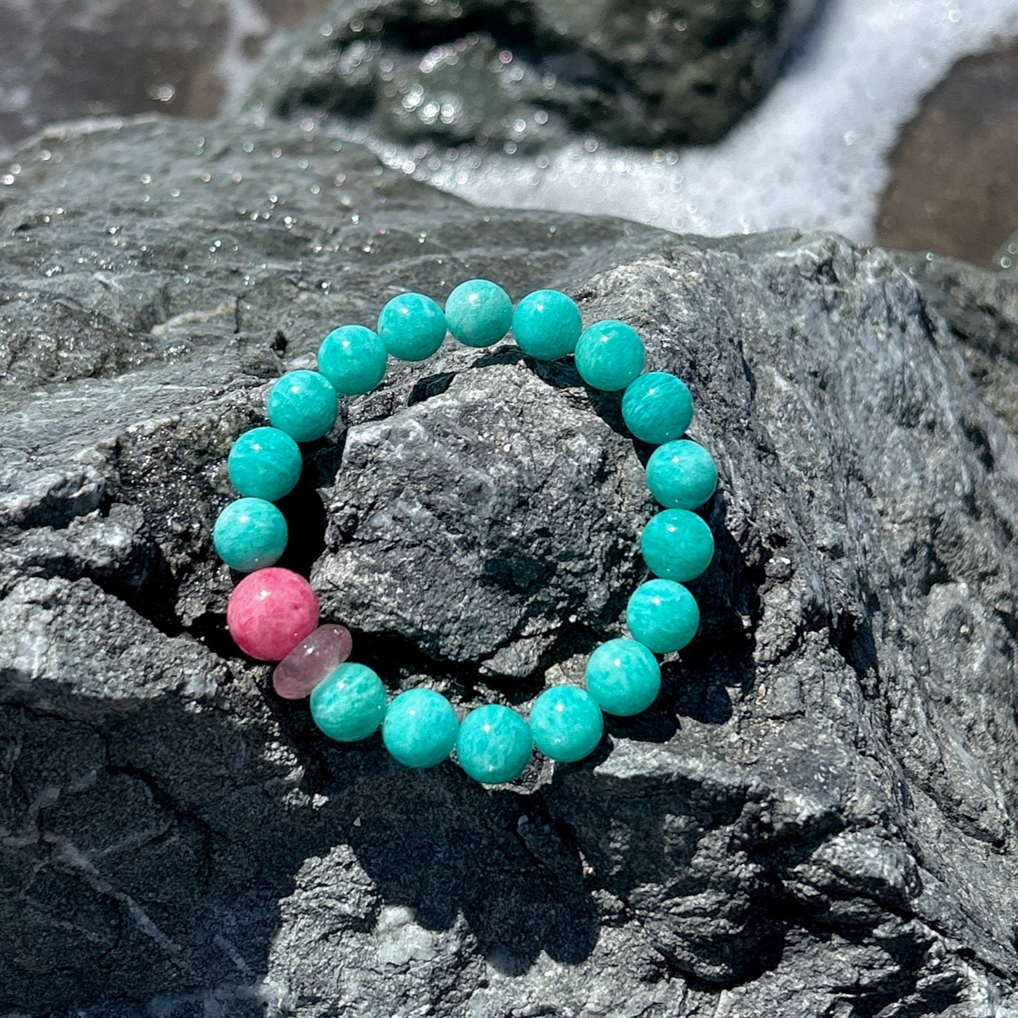 Amazonite pink rhodonite beaded stretch bracelet, 10MM Amazonite, 12.5MM+pink Rhodonite