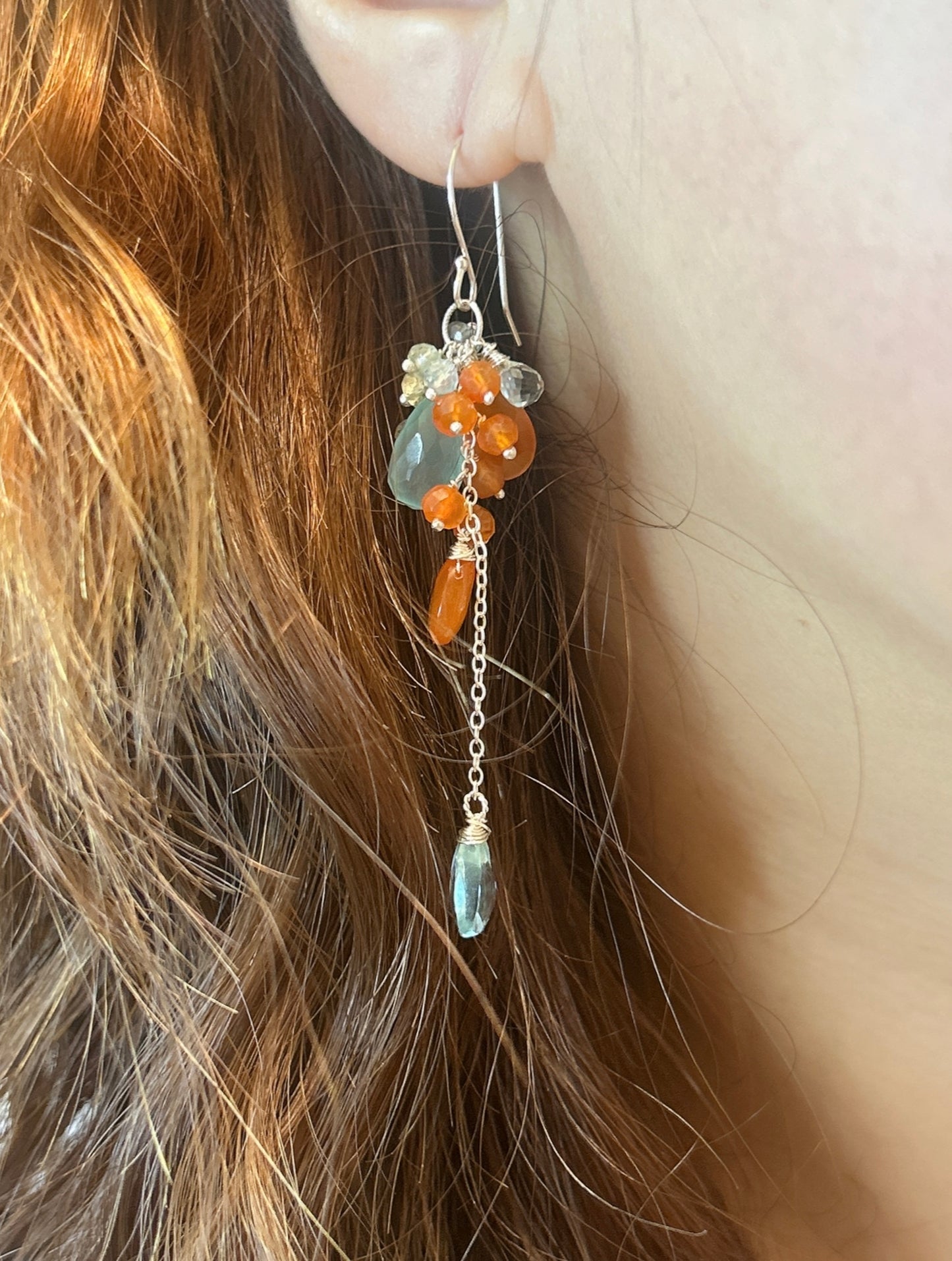 Seafoam chalcedony blue quartz statement cluster earring, with carnelian, labradorite, waterfall cascading earring