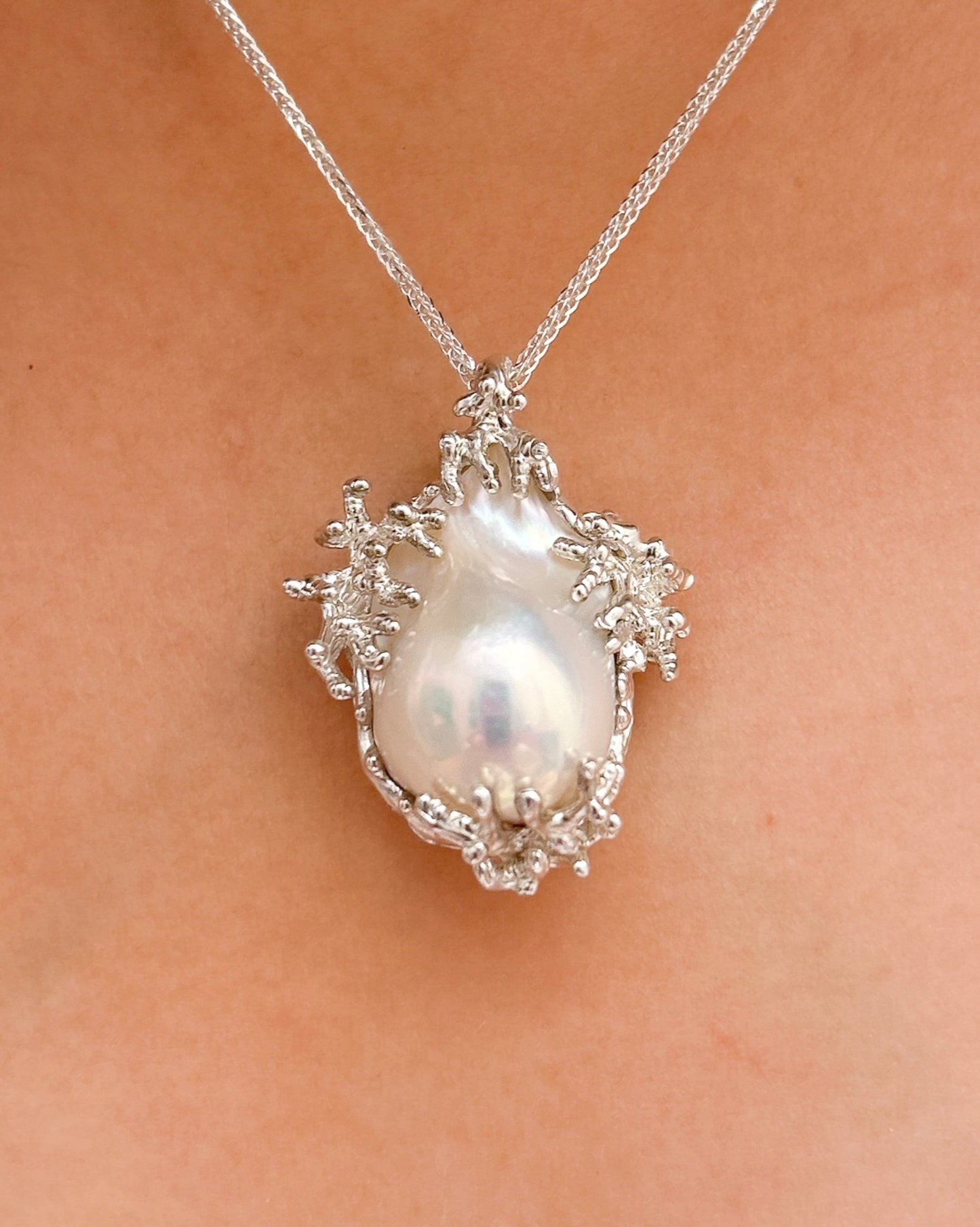 baroque pearl pendant, an exclusive flame ball cultured pearl necklace with artisan sterling silver branches