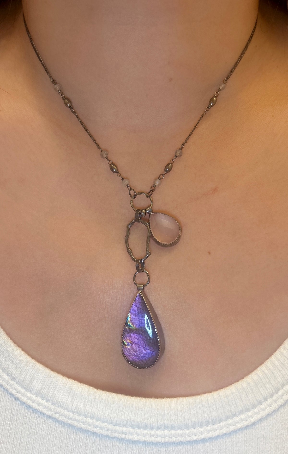 Purple Labradorite Necklace, A unique rainbow flame labradorite gemstone with rose quartz, Oxides sterling silver statement necklace