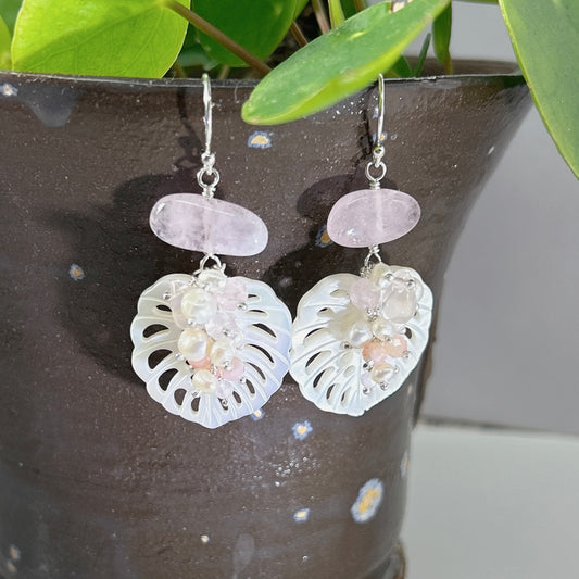 Mother of pearl pink morganite earrings, pink pastel natural gemstone cluster
