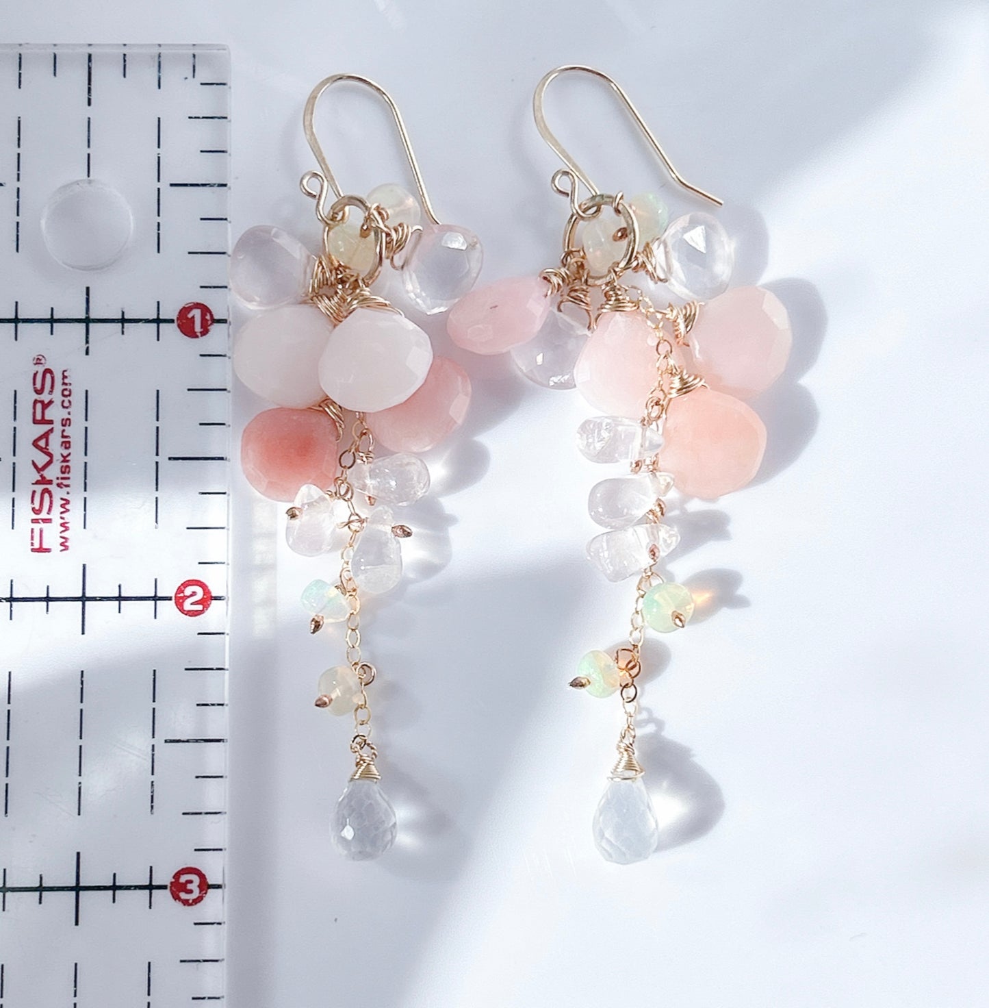 Pink opal Ethiopian opal cluster earrings, long dangle earrings, cascade earrings with natural pink blushed gemstones