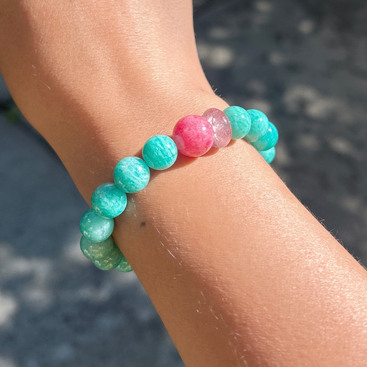 Amazonite pink rhodonite beaded stretch bracelet, 10MM Amazonite, 12.5MM+pink Rhodonite