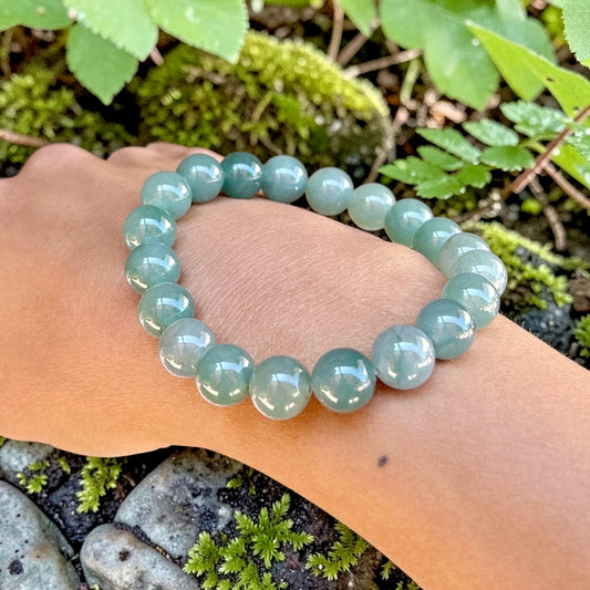 10.5MM Type A Jadeite jade beaded bracelet, 8MM+ ice translucent lake green jade bracelet, Myanmar jadeite, untreated Burmese Jade