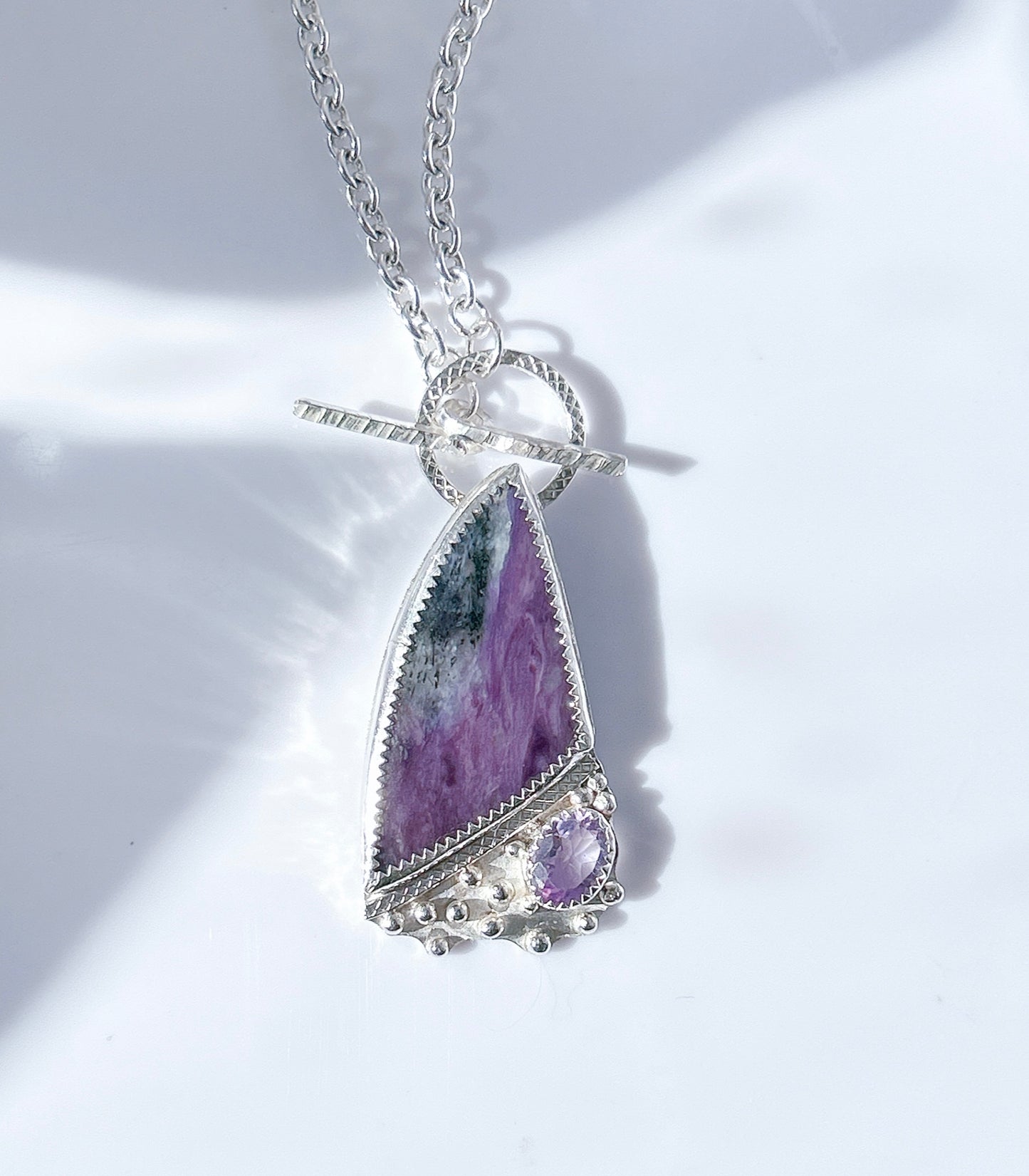 Charoite pendent necklace sterling silver, with amethyst gemstone layering necklace
