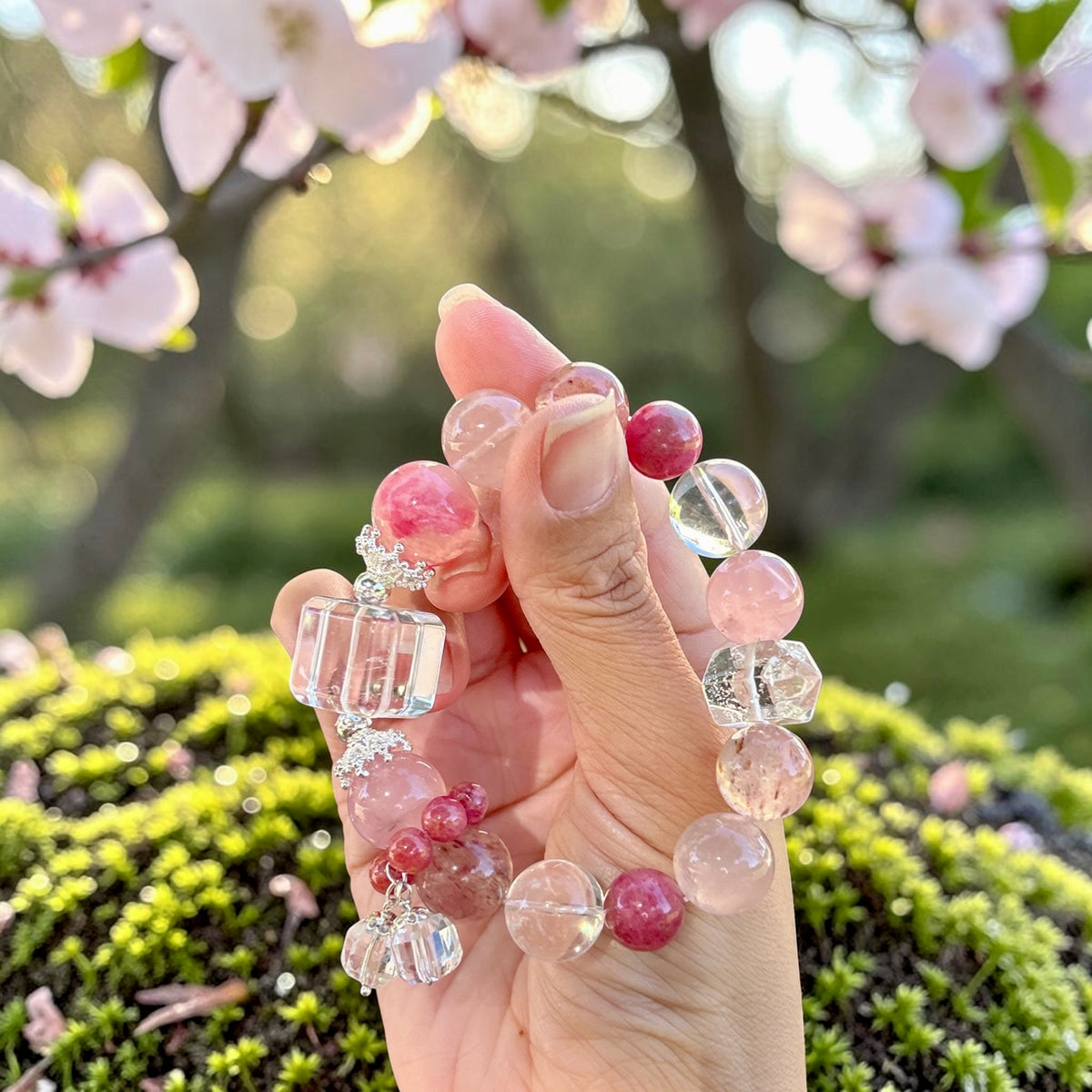 13MM+ Rose Quartz, Sakura Rhodonite, Crystal Quartz bracelet, natural gemstone statement bracelet, healing jewelry gift idea