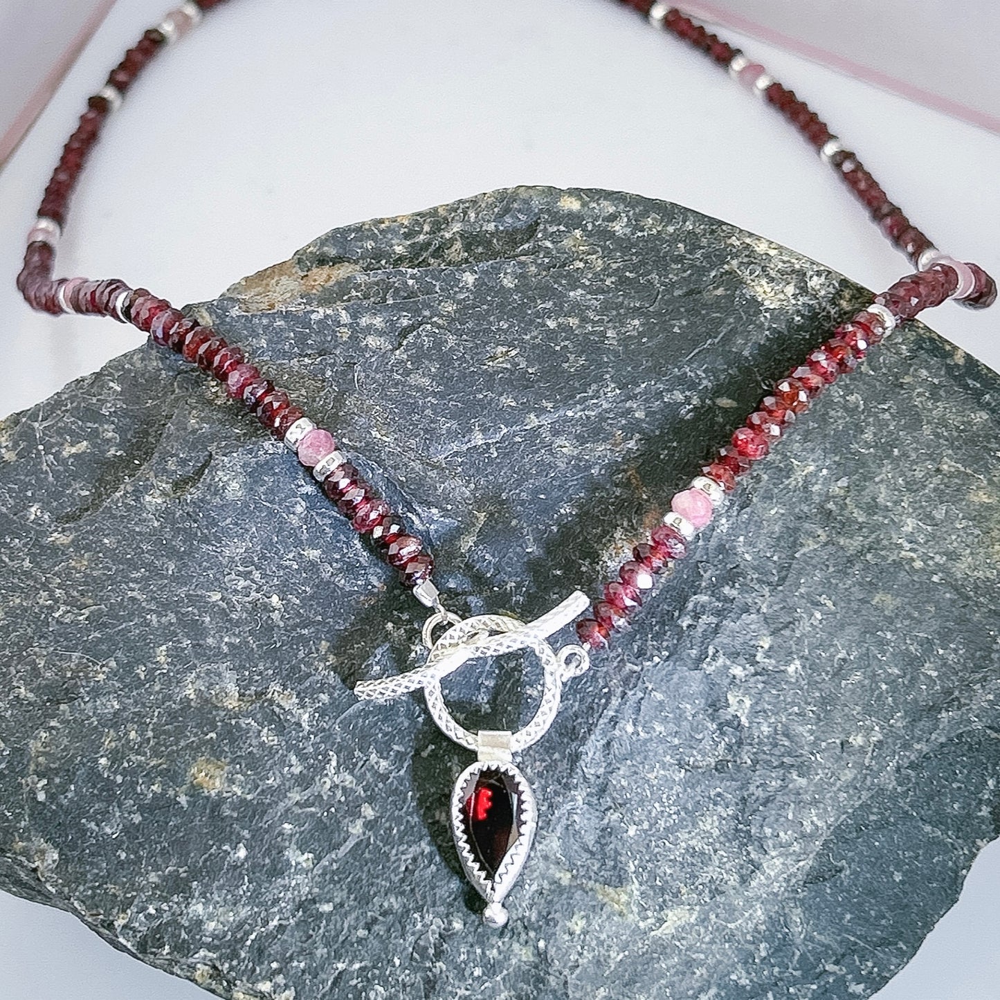 Garnet locket necklace, beaded garnet gemstone chocker necklace, fancy statement layering necklace with sterling toggle clasp.