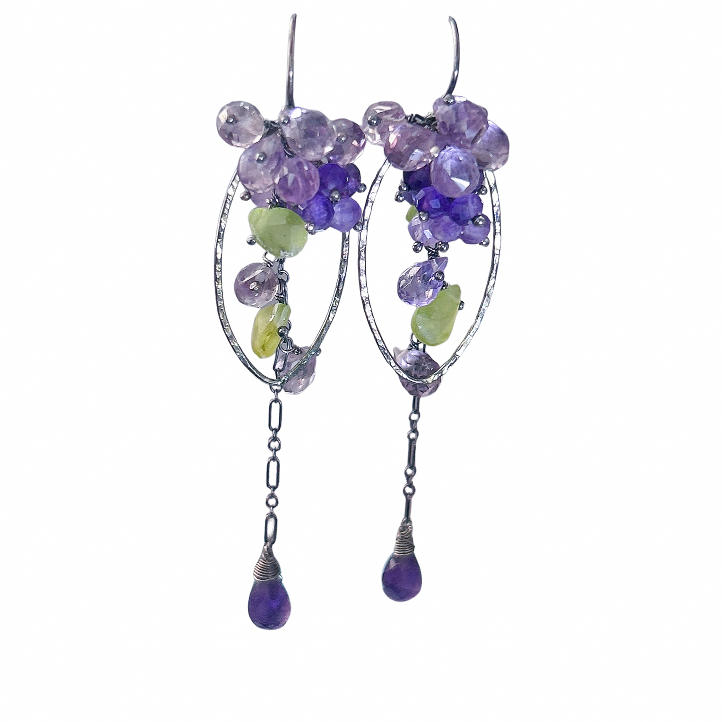 Purple wisteria earrings lilac amethyst gemstone floral earrings, long Sterling silver dangle earring, waterfall cascading ombre amethyst cluster.
