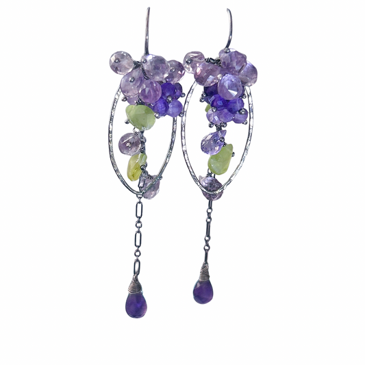 Purple wisteria earrings lilac amethyst gemstone floral earrings, long Sterling silver dangle earring, waterfall cascading ombre amethyst cluster.