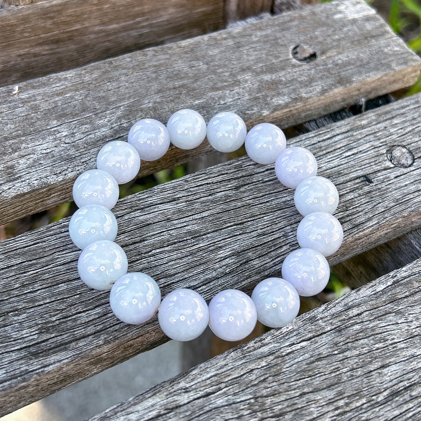 Certified Jadeite jade beaded bracelet, 13MM+ Monet color jade bracelet, pastel lavender blue Myanmar jadeite, untreated Burmese Grade A jadeite.