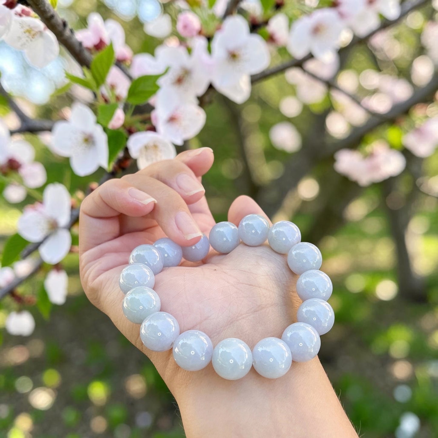 Certified Jadeite jade beaded bracelet, 13MM+ Monet color jade bracelet, pastel lavender blue Myanmar jadeite, untreated Burmese type A jadeite.