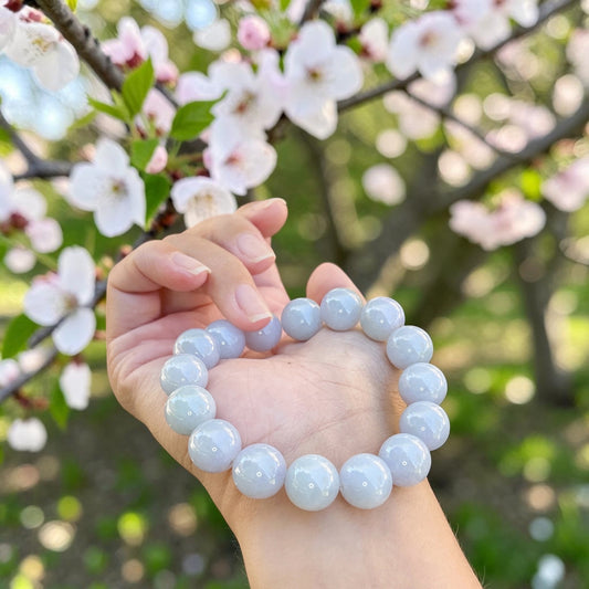 Certified Jadeite jade beaded bracelet, 13MM+ Monet color jade bracelet, pastel lavender blue Myanmar jadeite, untreated Burmese type A jadeite.
