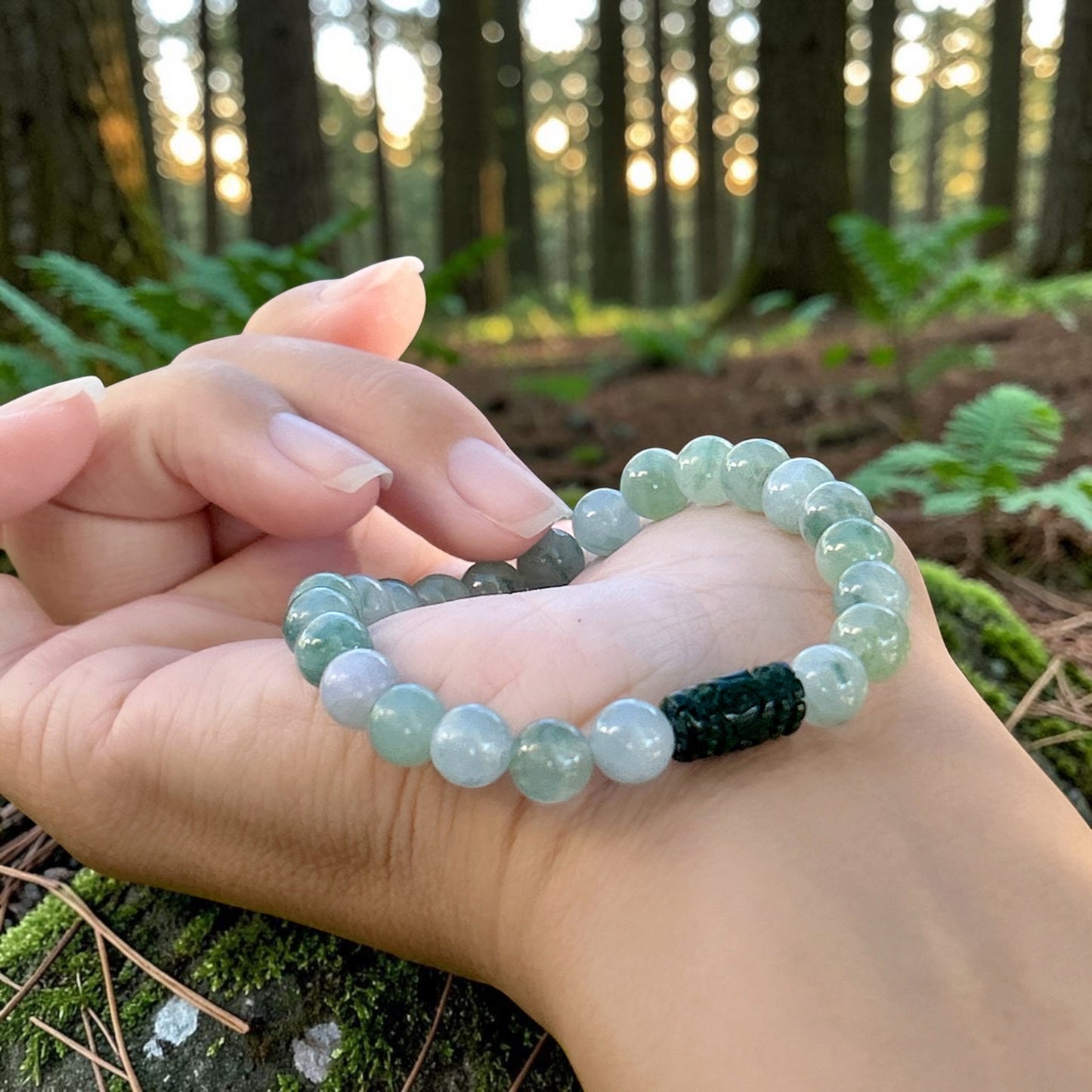 Jadeite jade floating green beaded bracelet, 8MM+ ice translucent green forest color jade bracelet, Myanmar jadeite, untreated Burmese type A jadeite