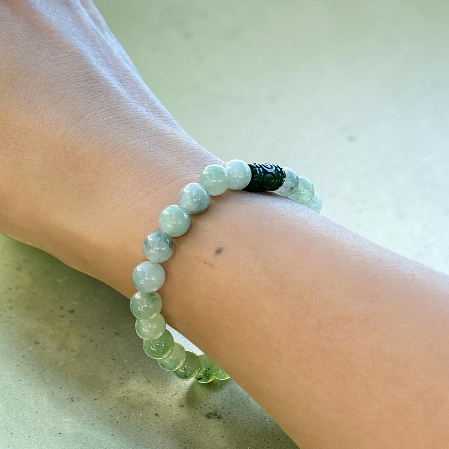 Jadeite jade floating green beaded bracelet, 8MM+ ice translucent green forest color jade bracelet, Myanmar jadeite, untreated Burmese type A jadeite