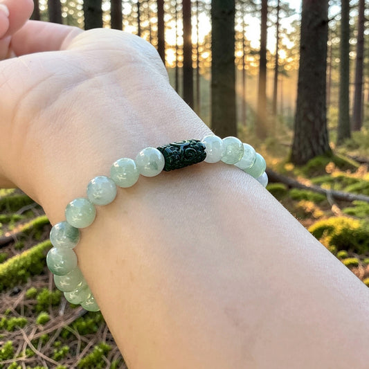 Jadeite jade floating green beaded bracelet, 8MM+ ice translucent green forest color jade bracelet, Myanmar jadeite, untreated Burmese type A jadeite