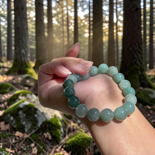 Jadeite jade floating green beaded bracelet, 12MM+ glossy green forest color jade bracelet, Myanmar jadeite, untreated Burmese type A jadeite
