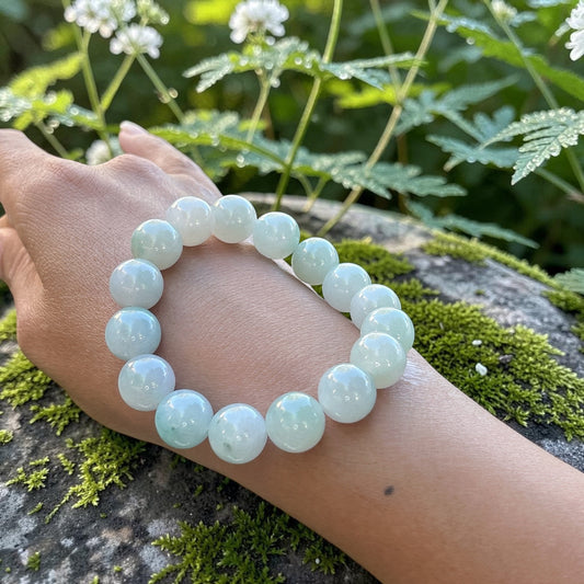 Jadeite jade light green beaded bracelet, 13MM+ glossy white green jade bracelet, Myanmar jadeite, untreated Burmese type A jadeite