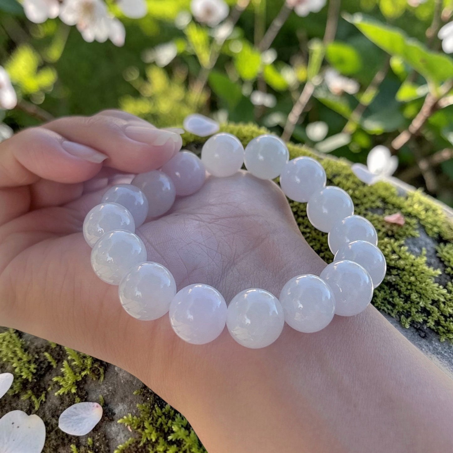 Jadeite jade beaded bracelet, 13MM+ glossy white jade bracelet, Myanmar jadeite, untreated Burmese type A jadeite