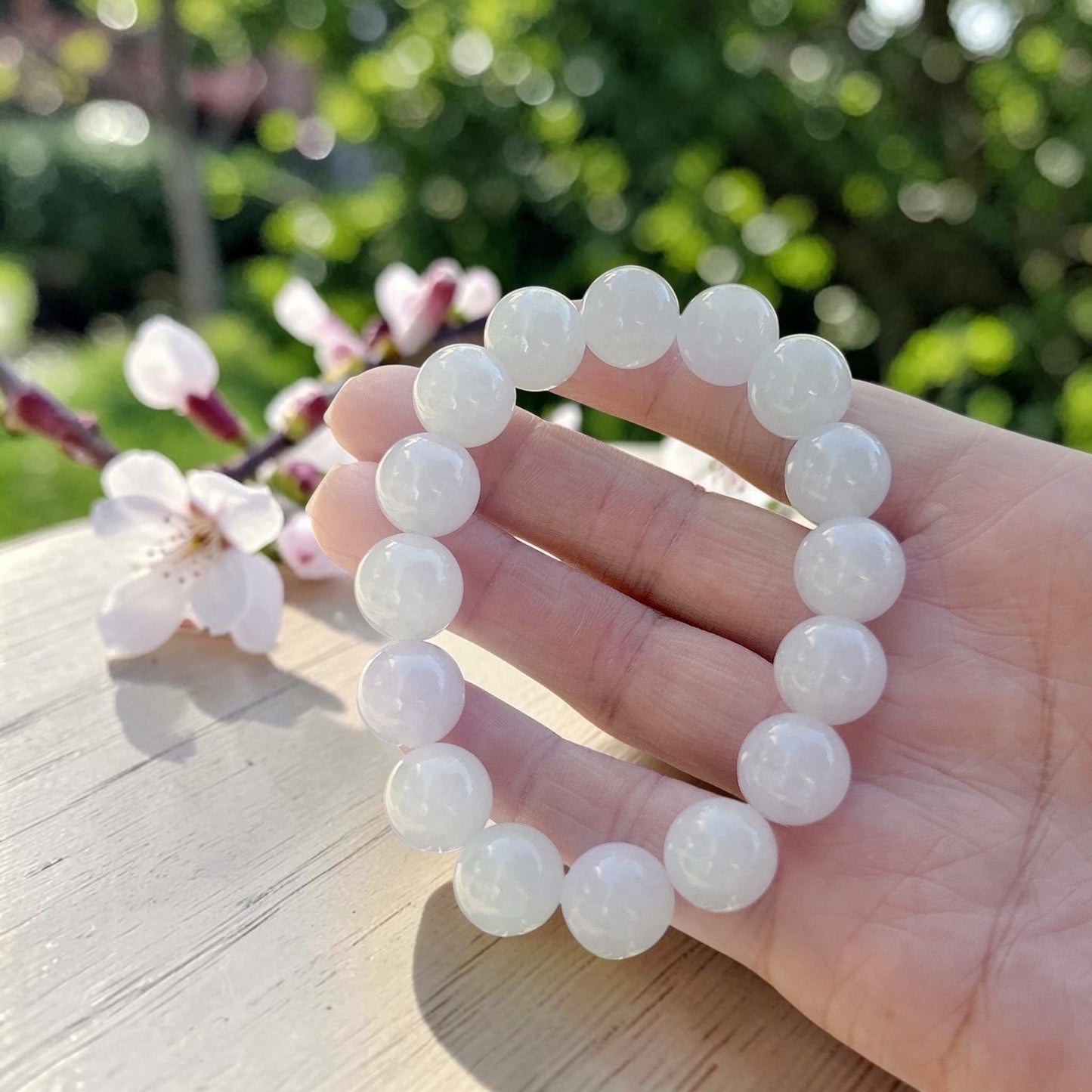Jadeite jade beaded bracelet, 13MM+ glossy white jade bracelet, Myanmar jadeite, untreated Burmese type A jadeite