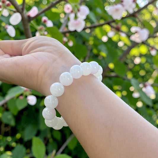 Jadeite jade beaded bracelet, 13MM+ glossy white jade bracelet, Myanmar jadeite, untreated Burmese type A jadeite