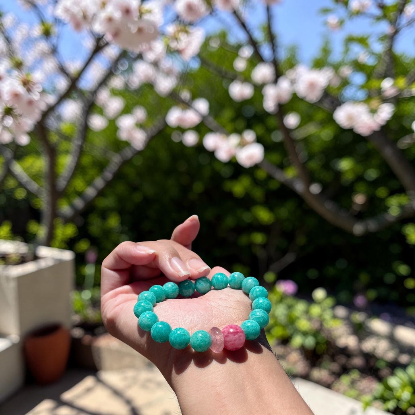 Amazonite pink rhodonite beaded stretch bracelet, 10MM Amazonite, 12.5MM+pink Rhodonite