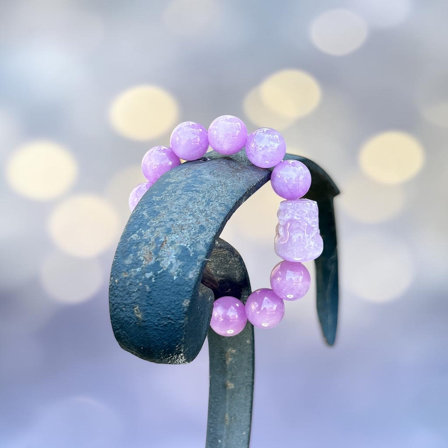15MM+ natural Kunzite bracelet with pixiu cravings, healing gemstone present for her, cat eye purple Kunzite beaded bracelet