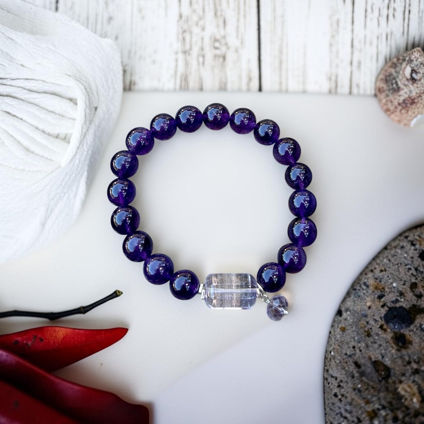 9.5MM Uruguay Amethyst Bracelet, Deep Purple Gemstone Beaded bracelet, February Birthstone gift idea