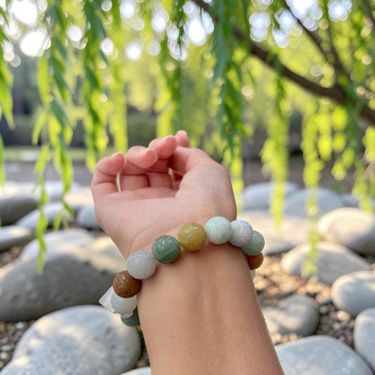 Jadeite jade beaded bracelet, 13MM+ glossy multi-color jade bracelet, Myanmar jadeite, untreated Burmese type A jadeite