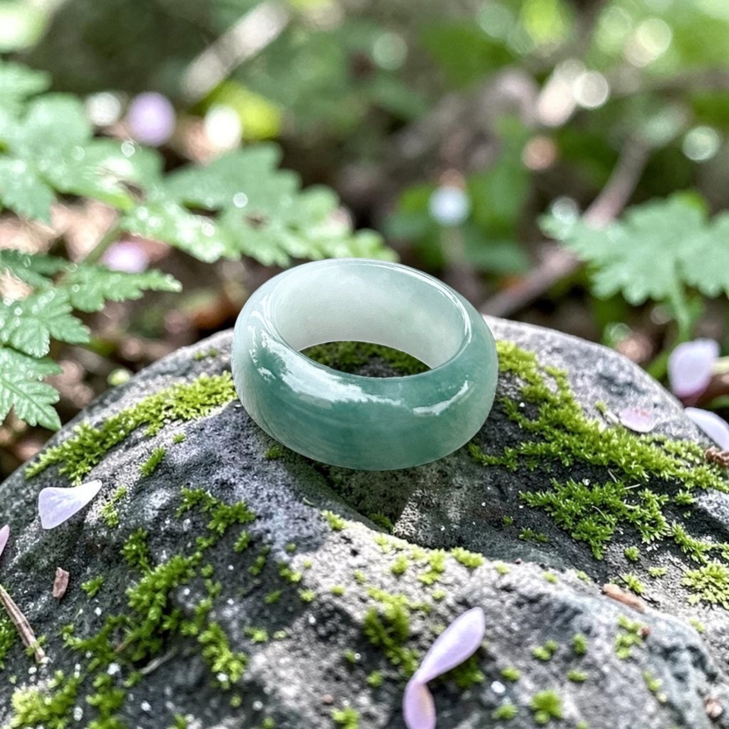 Burmese light green jadeite ring, type A Myanmar jadeite ring with floating green, infinity jadeite band, 9mm wide ring size 5.5