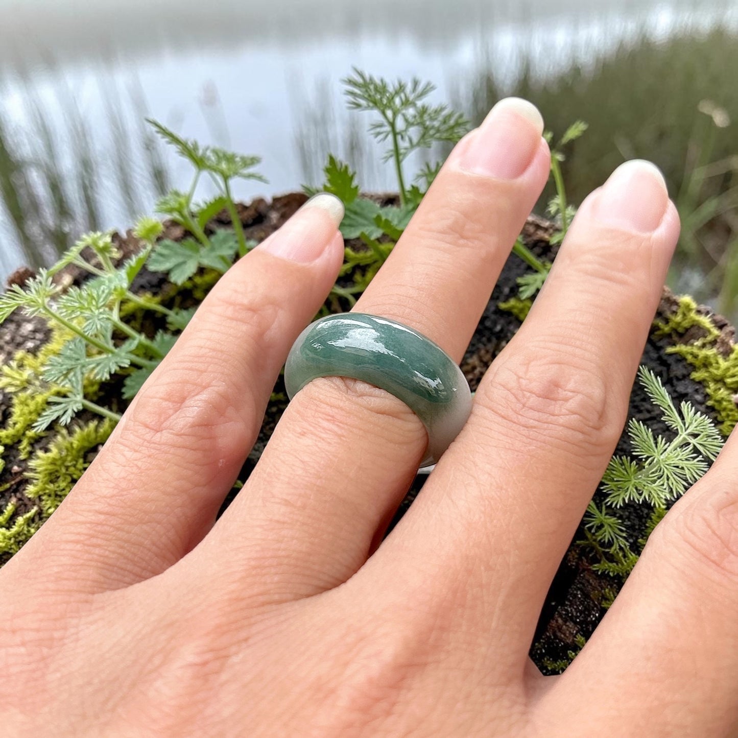 Burmese light green jadeite ring, type A Myanmar jadeite ring with floating green, infinity jadeite band, 9mm wide ring size 5.5