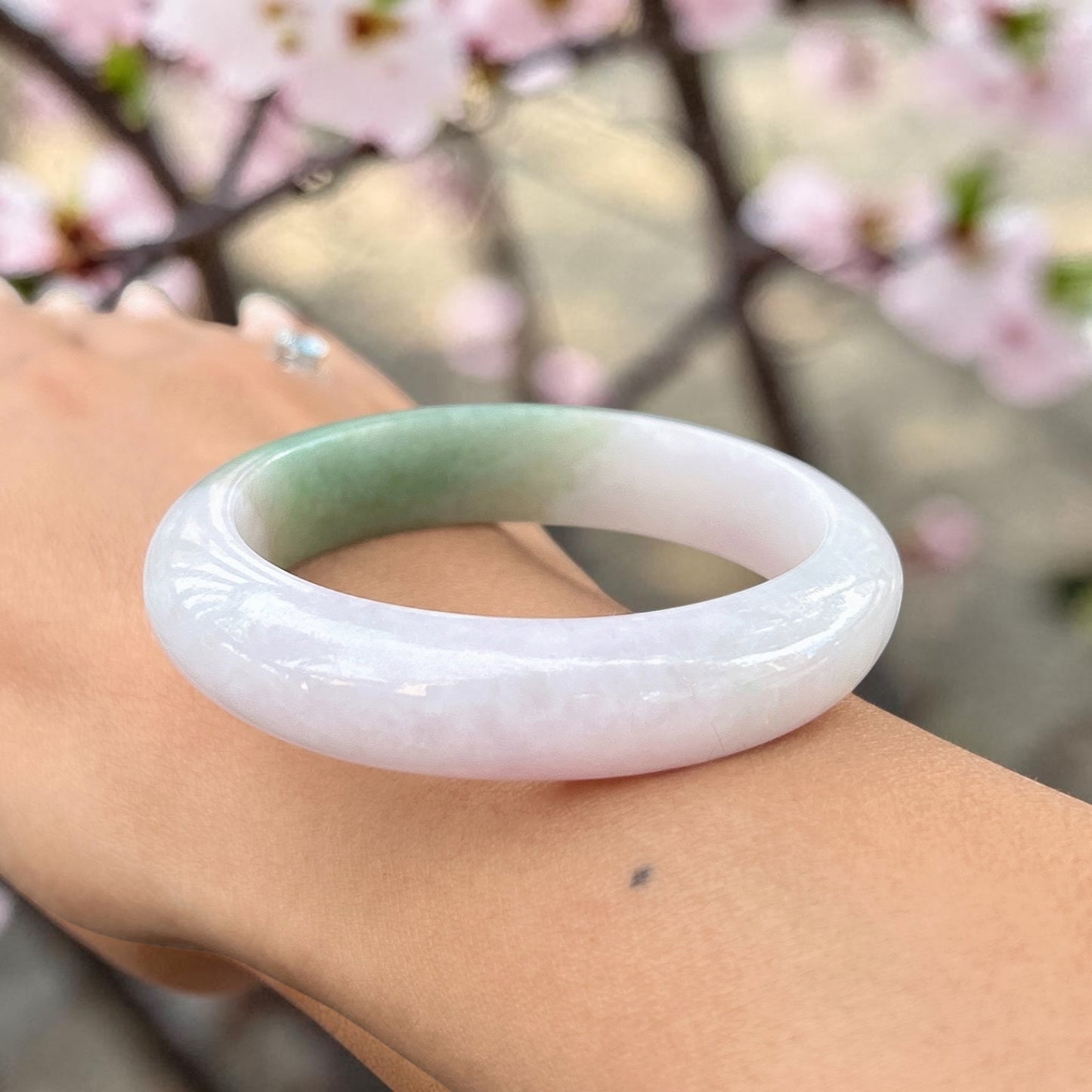 Myanmar jadeite bangle fits 55-56, spring color, pink Lilac Faint Green, Certified Grade A Jade, Burmese Gemstone Jewelry 58x51x14mm oval