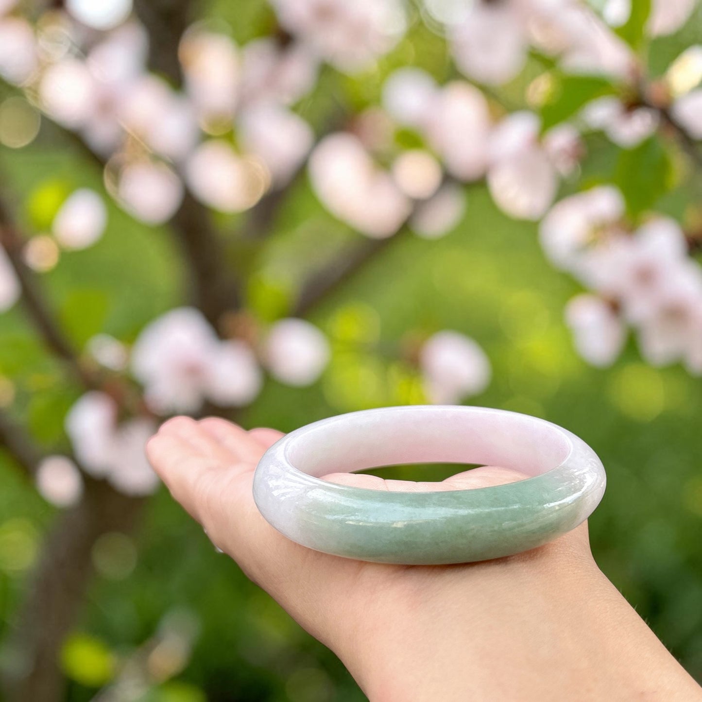 Myanmar jadeite bangle fits 55-56, spring color, pink Lilac Faint Green, Certified Grade A Jade, Burmese Gemstone Jewelry 58x51x14mm oval