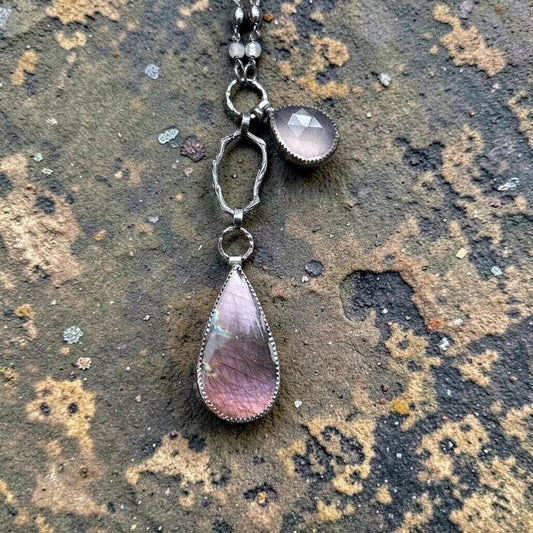 Purple Labradorite Necklace, A unique rainbow flame labradorite gemstone with rose quartz, Oxides sterling silver statement necklace