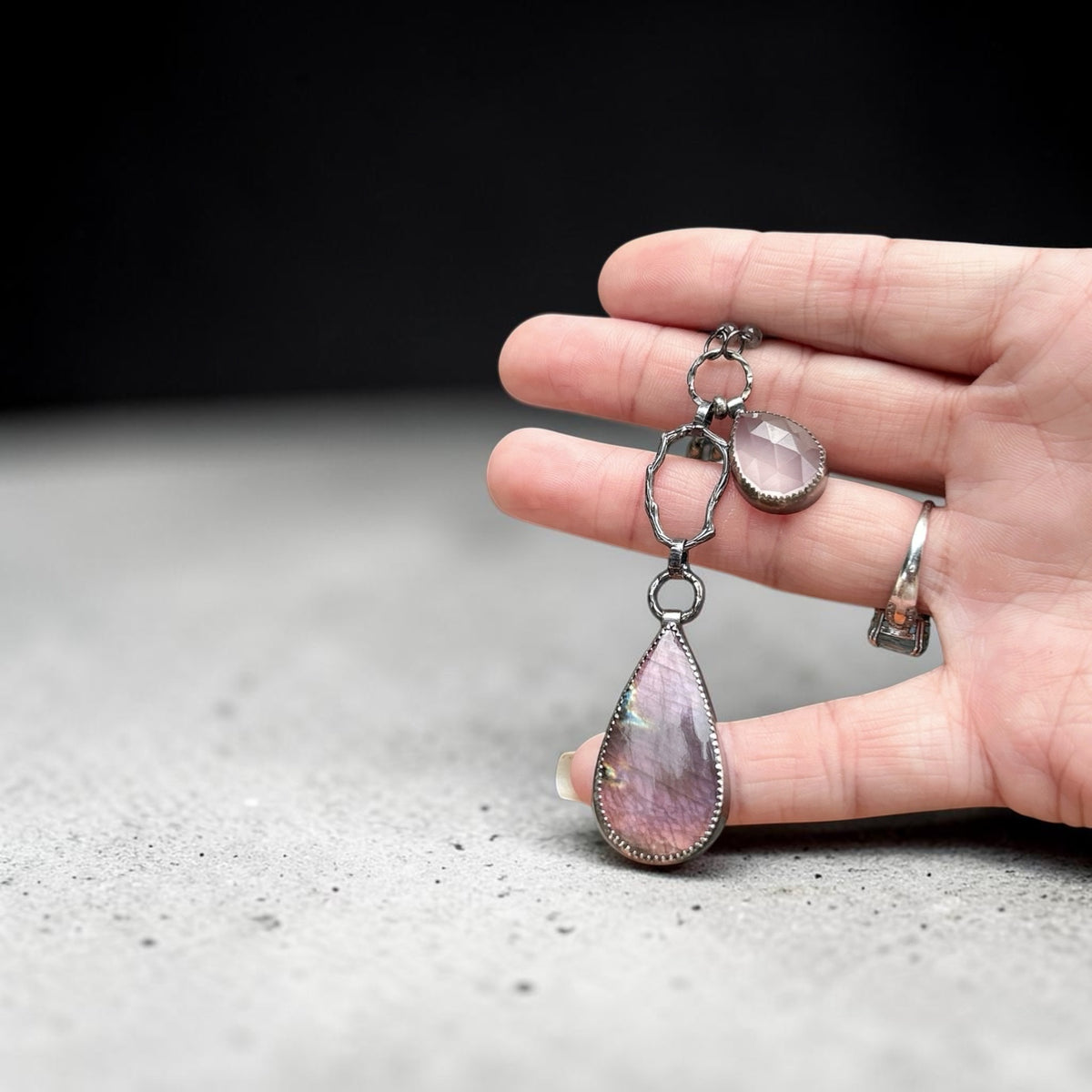 Purple Labradorite Necklace, A unique rainbow flame labradorite gemstone with rose quartz, Oxides sterling silver statement necklace