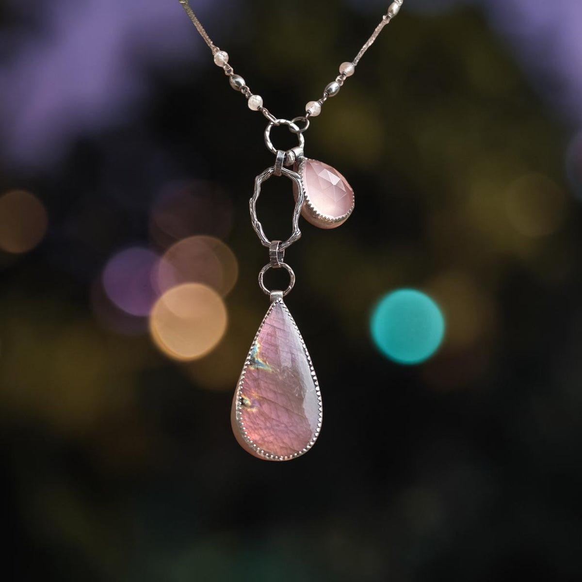 Purple Labradorite Necklace, A unique rainbow flame labradorite gemstone with rose quartz, Oxides sterling silver statement necklace