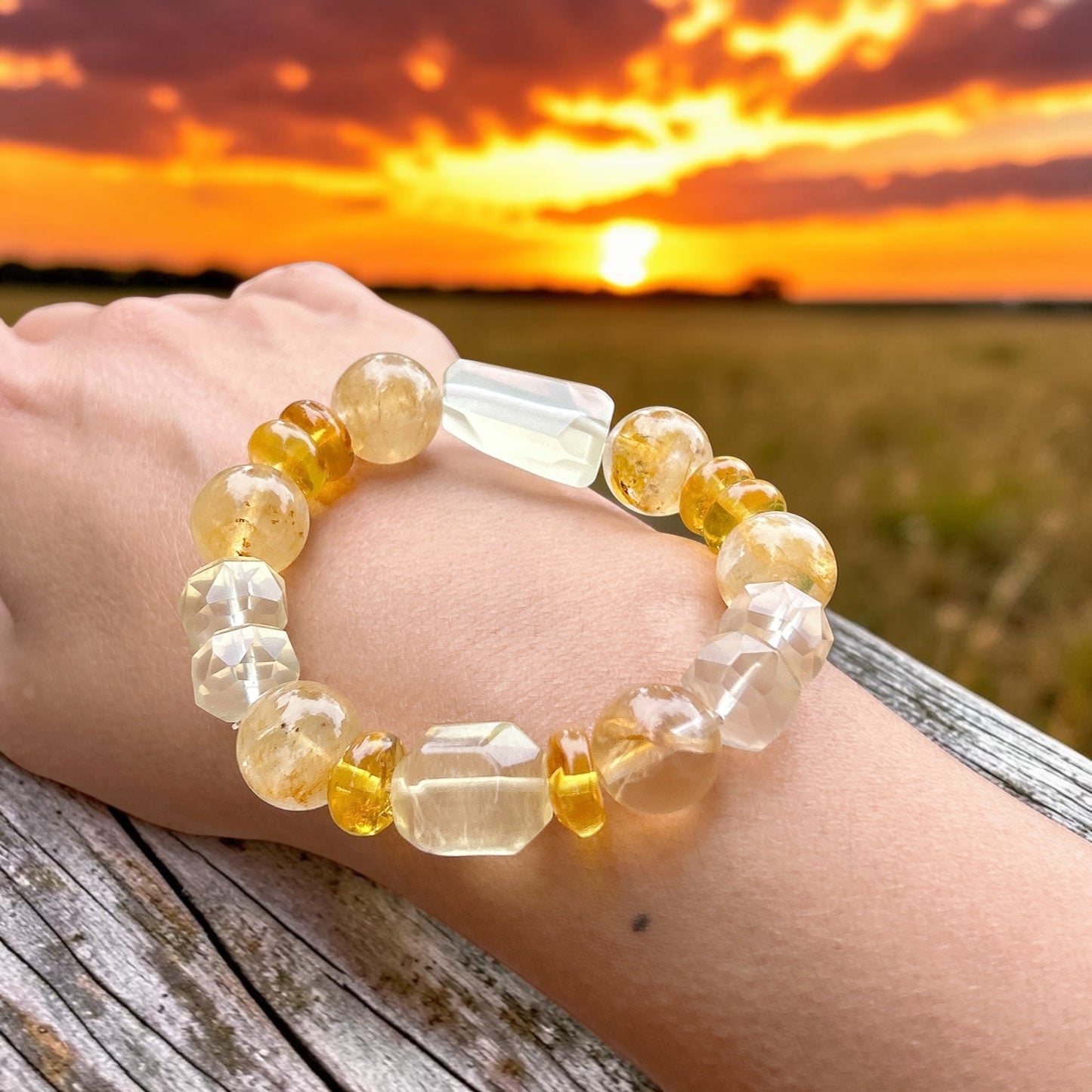 Yellow hematoid quartz, amber, lemon quartz, honey yellow tone gemstone bracelet. Natural crystal healing gift idea. Spiritual protection jewelry