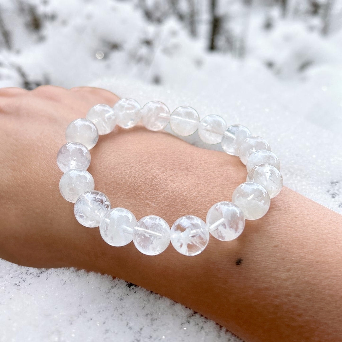 AAA+ White Phantom Quartz Bracelet 10mm, Madagascan Snowflake Phantom Quartz, Natural crystal healing gift idea. Spiritual protection jewelry