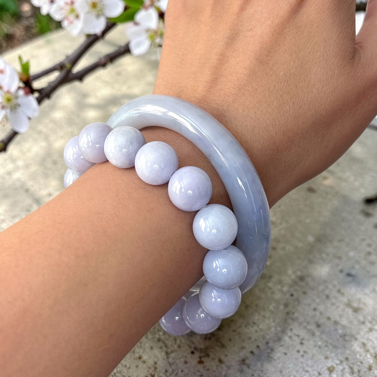 Jadeite jade beaded bracelet, 13MM+ Monet color jade bracelet, pastel lavender blue Myanmar jadeite, untreated Burmese type A jadeite.