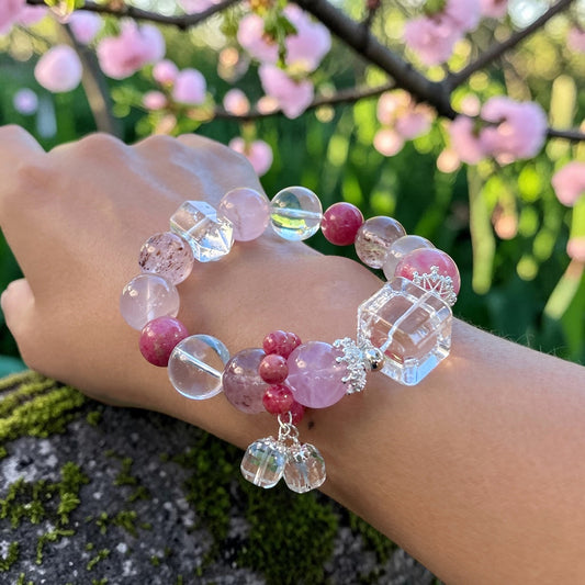 13MM+ Rose Quartz, Sakura Rhodonite, Crystal Quartz bracelet, natural gemstone statement bracelet, healing jewelry gift idea