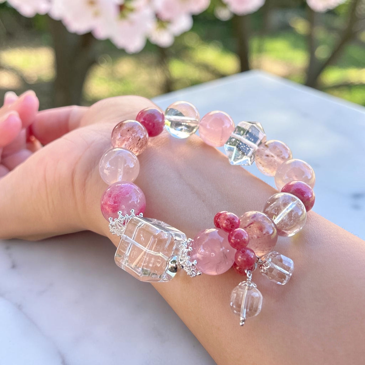 13MM+ Rose Quartz, Sakura Rhodonite, Crystal Quartz bracelet, natural gemstone statement bracelet, healing jewelry gift idea