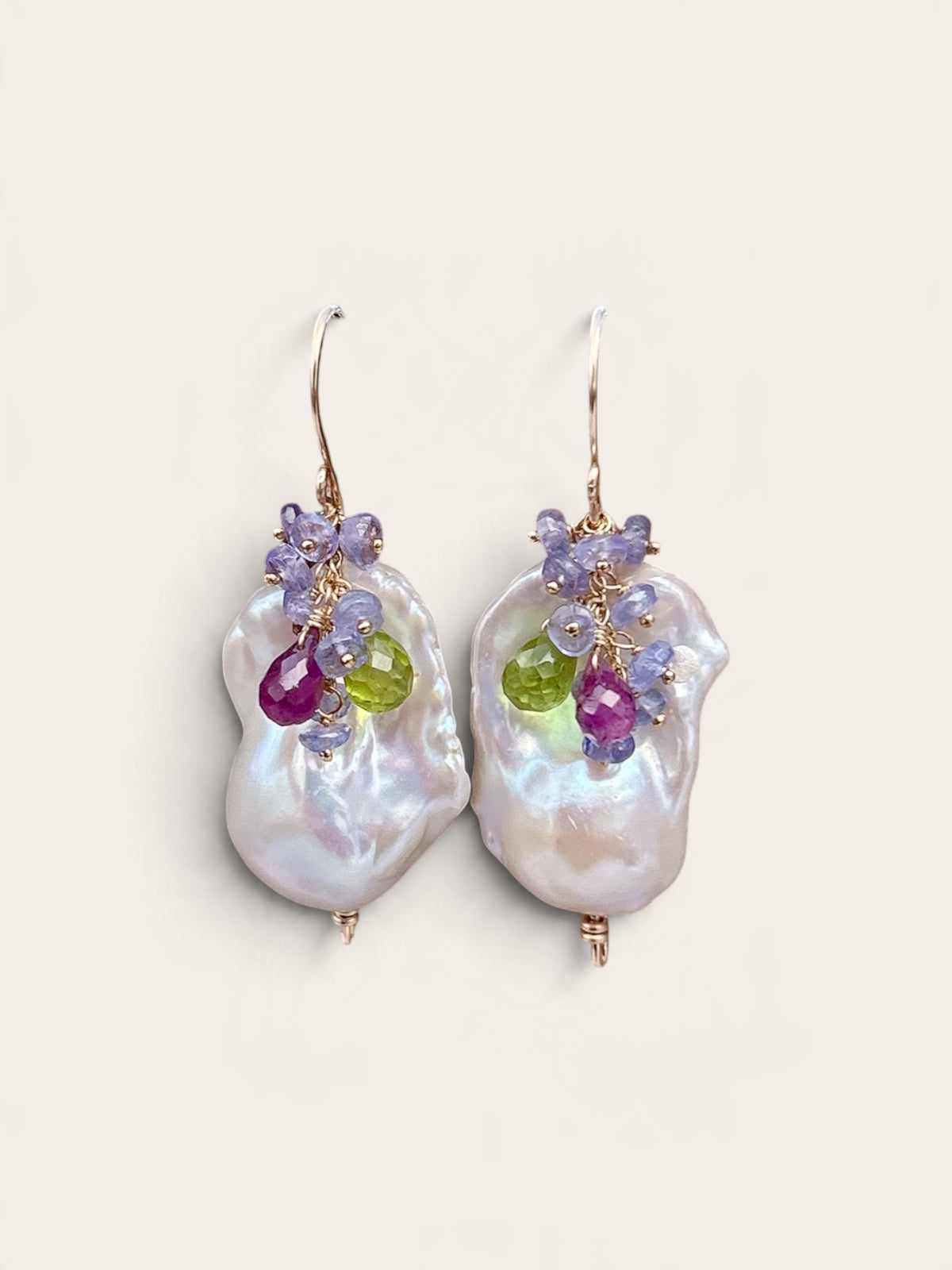 Baroque pearl earrings chunky flame ball white pearl cultured freshwater pearl earring with tanzanite, ruby, peridot, 14k gold filled