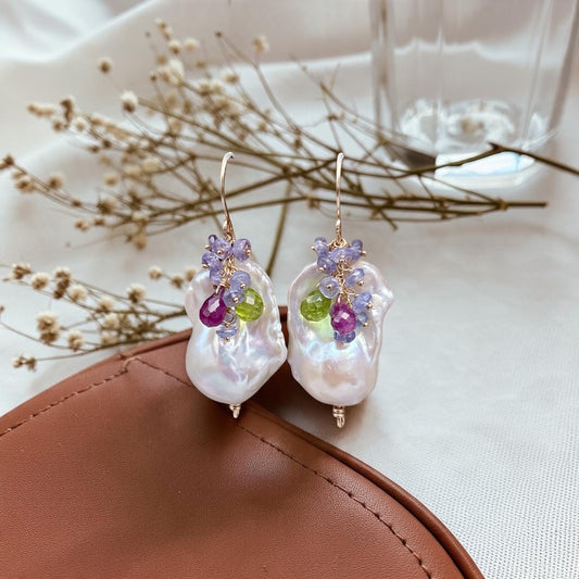 Baroque pearl earrings chunky flame ball white pearl cultured freshwater pearl earring with tanzanite, ruby, peridot, 14k gold filled