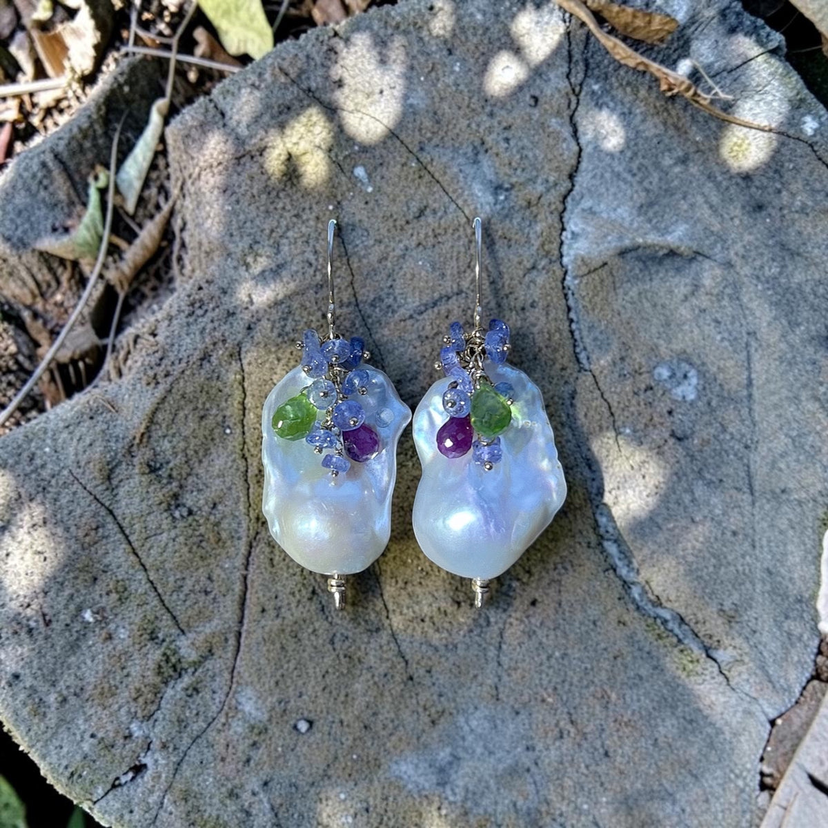 Baroque pearl earrings chunky flame ball white pearl cultured freshwater pearl earring with tanzanite, ruby, peridot, 14k gold filled