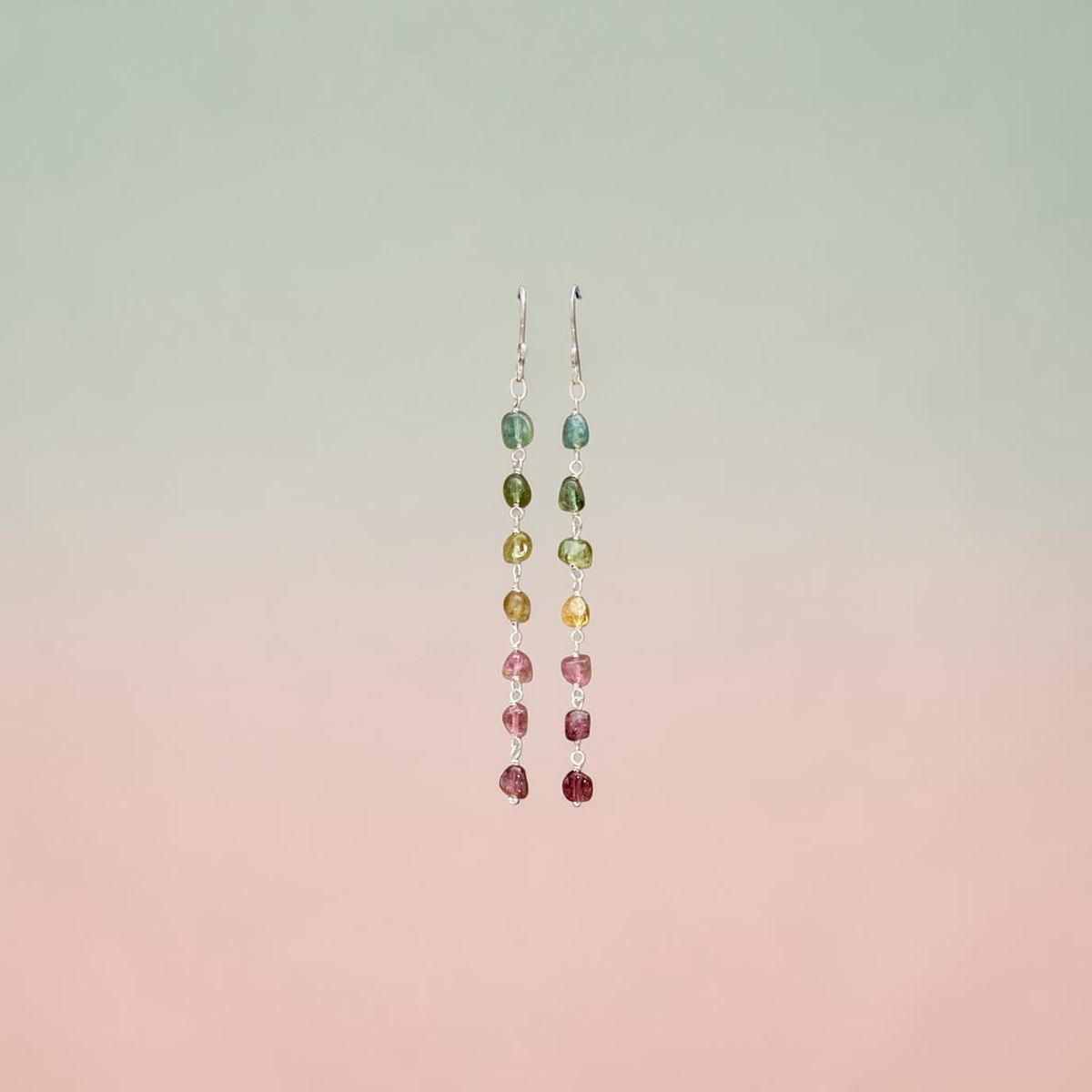 Watermelon tourmaline earrings, sterling silver long dangle earrings in watermelon tourmaline, October birthstone gift idea