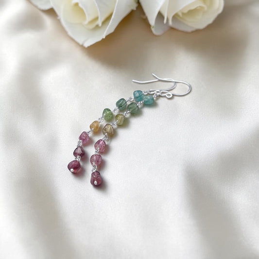 Watermelon tourmaline earrings, sterling silver long dangle earrings in watermelon tourmaline, October birthstone gift idea