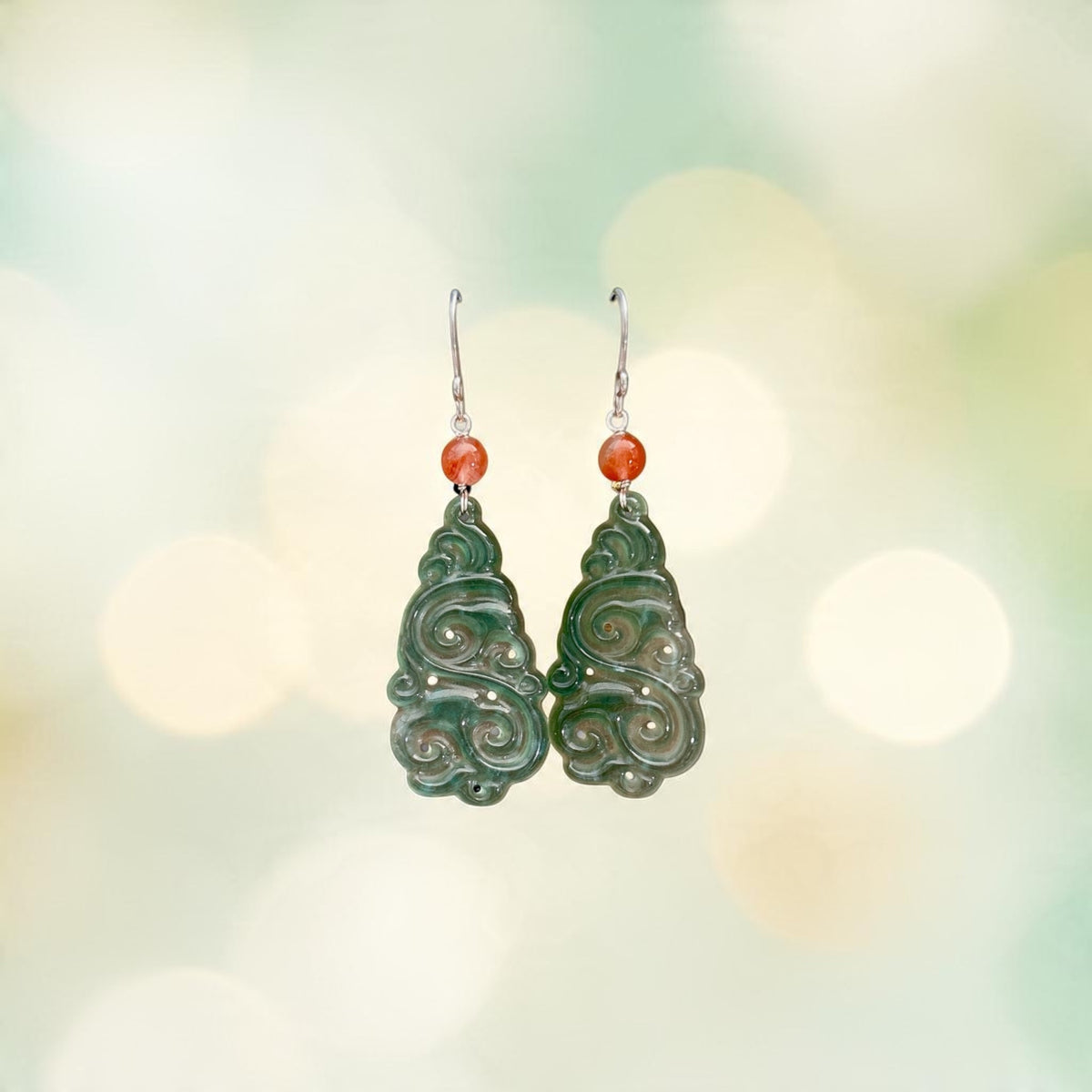 Natural Guatemalan Grade A Icy Translucent Dusty Blue Jade, Craving Jadeite dangle earring in Sterling Silver