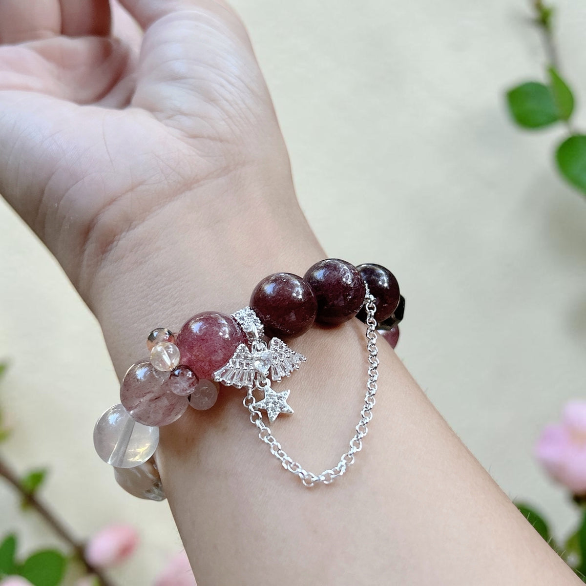 Strawberry quartz, rose quartz, smoky quartz, baroque Pearl bracelet, chunky beaded bracelet, natural gemstone bracelet