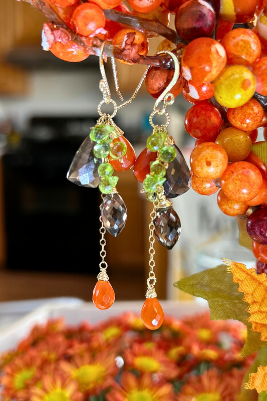 Fall leaf statement cluster dangle earring, waterfall cascading chandelier with smoky quartz carnelians peridot clusters in 14k gold filled, earth tone earring.